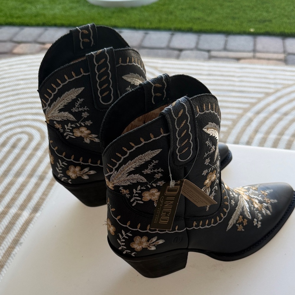 dingo Black Ankle Booties with Gold & Cream Floral Embroidery